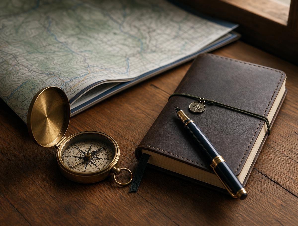 A brass compass, pen, and notebook with a folded map on a wooden table, representing steady guidance in a crisis